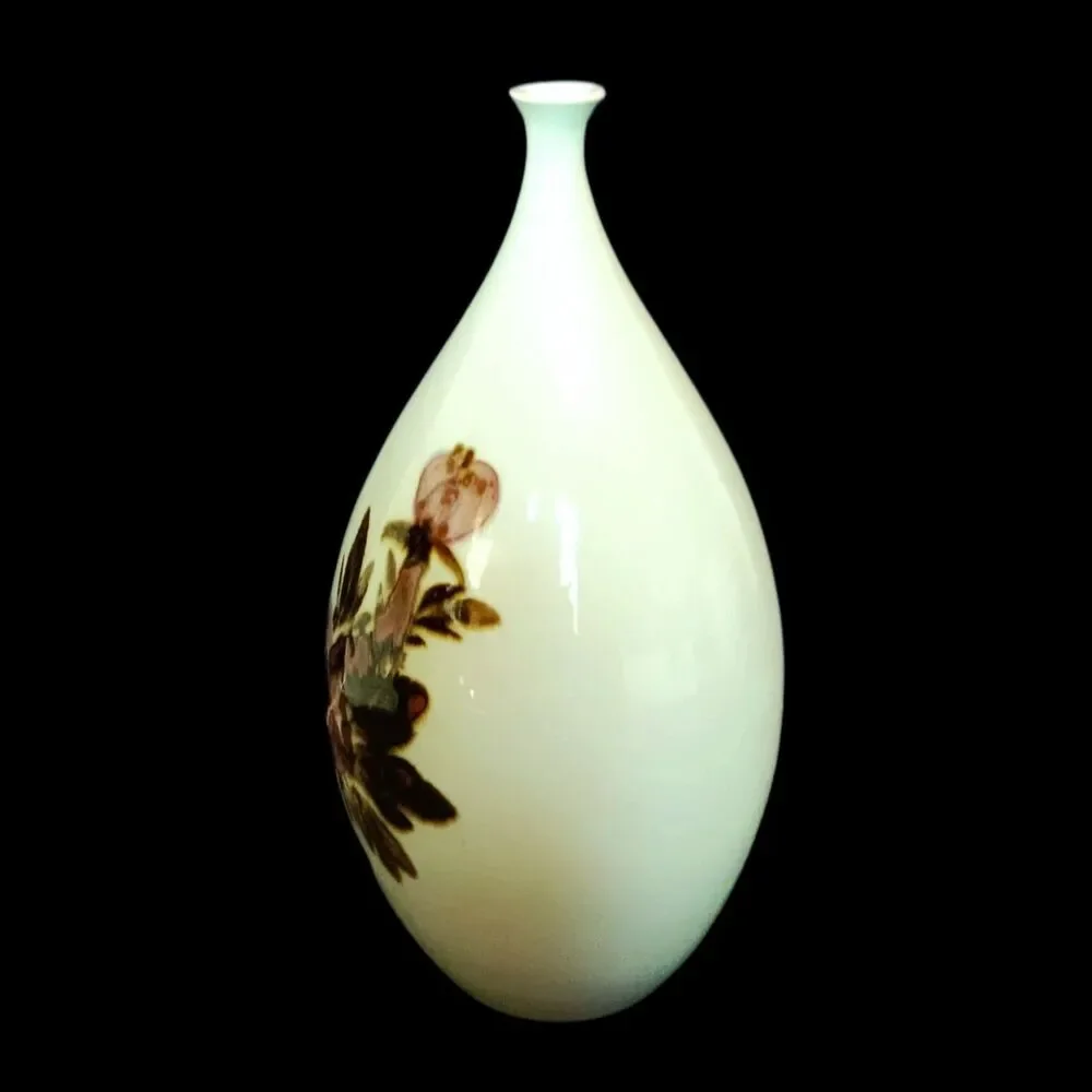 Floral Vase Narrow Neck Japanese Asian Abstract White Pink Flowers 8.5